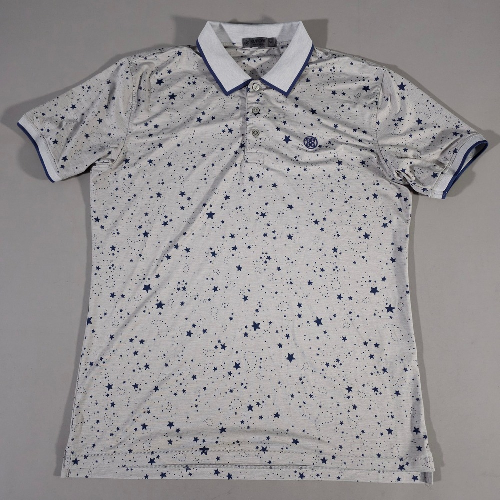 G/FORE Polo Shirt Mens Medium Grey Navy Blue Star Constellation Print Golf Tee